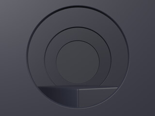 3d rendering. Show cosmetic product, empty scene, black minimal wall. Fashion showcase, display case.