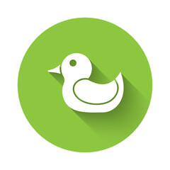 White Rubber duck icon isolated with long shadow. Green circle button. Vector.