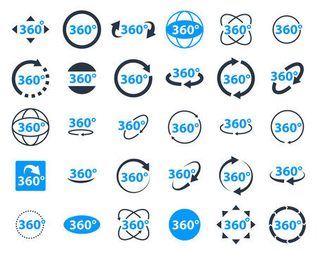 360 degrees icon set. Rotate arrow, VR reality panoramic symbol. Wide degree view icons. Virtual tour or game vector sign.