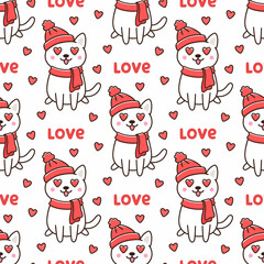 Seamless pattern with cute cat in red hat and scarf, in love with hearts in eyes. Beautiful print for packaging, wrapping paper, textile, home decor etc. Happy Valentine's Day.