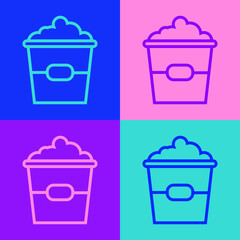 Pop art line Popcorn in cardboard box icon isolated on color background. Popcorn bucket box. Vector Illustration.