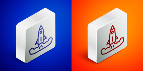Isometric line Rocket icon isolated on blue and orange background. Silver square button. Vector.