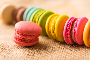 French colorful macarons background close up vintage tone