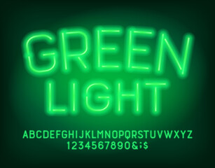 Green Light alphabet font. Neon light uppercase letters and numbers. Stock vector typescript for your design.