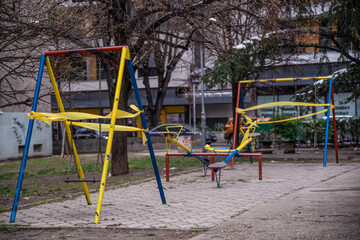 Obraz na płótnie Canvas Kids playground quarantined and closed due to corona virus epidemic disease situation covid-19 