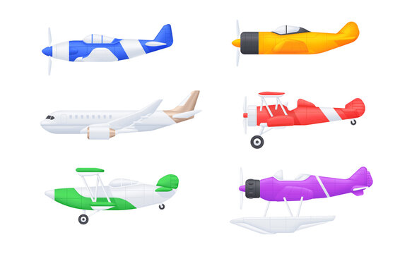 Set of airplanes side view. Air transport vector model
