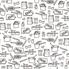 Seamless pattern with a contour pattern in the style of Doodle: kitchen utensils, ladle, pan, knives, cutting Board, spoon, bag of cereals. Drawing for cooking background, cover, paper.