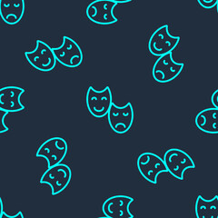 Green line Comedy and tragedy theatrical masks icon isolated seamless pattern on blue background. Vector.