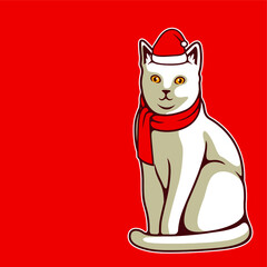Cute Cat Standing With Red Christmas Hat And Scarf, For Card Or Poster. New Year's and Christmas Vector Illustration - Vector