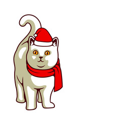 Happy Cute Cat Standing Wearing Santa Claus Hat, Muffler, For Christmas Day and New Year Vector Illustration - Vector