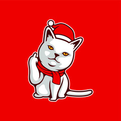 Grumpy Face White Cat Kitten Showing Fuck You Symbol With Santa Claus Xmas Red Hat  Vector Illustration - Vector