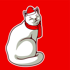 Cartoon Character Of Happy Smiley White Cat Sitting From Side In Red Christmas Hat And Scarf, For Card Or Poster. New Year's and Christmas Vector Illustration - Vector