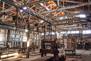 collapsed building with corrugated tin walls of an old saltpeter mining town in the Atacama desert...