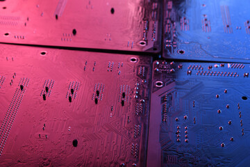 Abstract electronic circuit board, computer motherboard lines and components, beautiful red and blue color