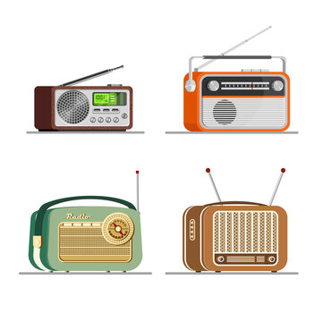 Radio tuners set. Vector illustration of vintage and modern radio receivers, flat style. Radio collection.