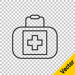 Black line First aid kit icon isolated on transparent background. Medical box with cross. Medical equipment for emergency. Healthcare concept. Vector.