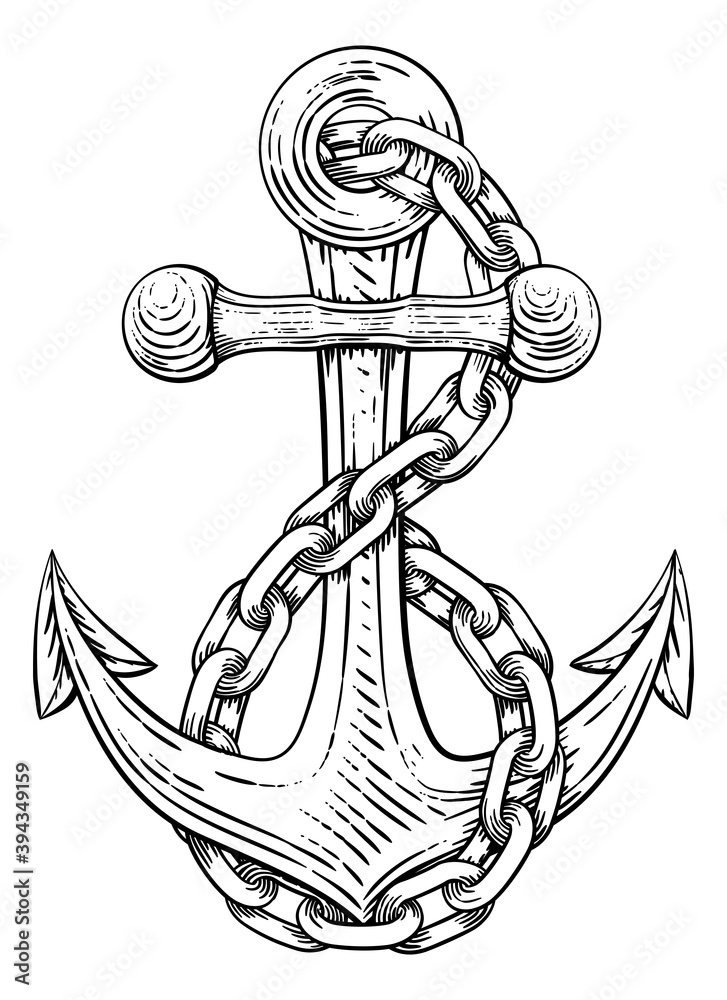 Sticker an anchor from a boat or ship with a chain wrapped around it tattoo or retro style woodcut etching d