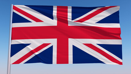 Realistic Waving National Flag Of The United Kingdom In The Wind With Pole On Clear Blue Sky 3D Rendering