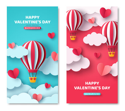 Set Of Vertical Banners With Hot Air Balloon, Hearts And Paper Cut Clouds. Romantic Design For Honeymoon Trip. Place For Text. Happy Valentines Day Sale Voucher Template With Hearts.