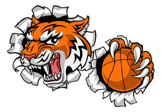 A tiger basketball player cartoon animal sports mascot holding a ball in its claw