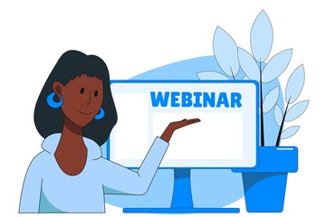 African American girl reading a lecture on the background of the monitor. Webinar.