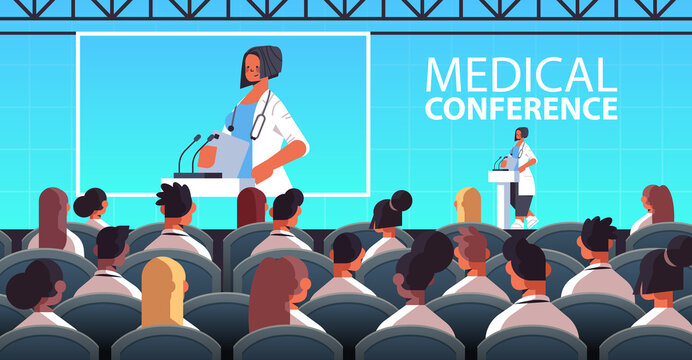 Female Doctor Giving Speech At Tribune With Microphone Medical Conference Medicine Healthcare Concept Lecture Hall Interior Horizontal Vector Illustration