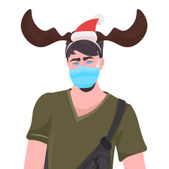 man in festive hat wearing mask to prevent coronavirus pandemic new year christmas holidays celebration concept portrait vector illustration