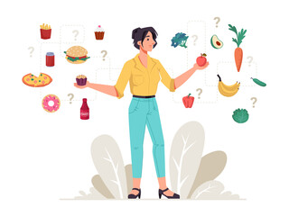 Healthy and unhealthy food woman choice between fastfood snacks and fresh vegetables and fruits. Vector dietary food, female choose between hamburger, cake and apple, pizza, avocado, donut and carrot