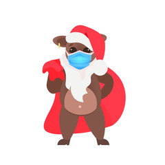 little ox in santa hat wearing mask to prevent coronavirus pandemic new year winter holidays celebration concept cute cow cartoon character full length vector illustration
