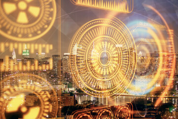 Double exposure of technology theme hologram and cityscape background. Concept of Hightech.