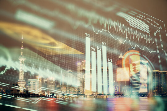 Double exposure of technology theme hologram and cityscape background. Concept of Hightech.