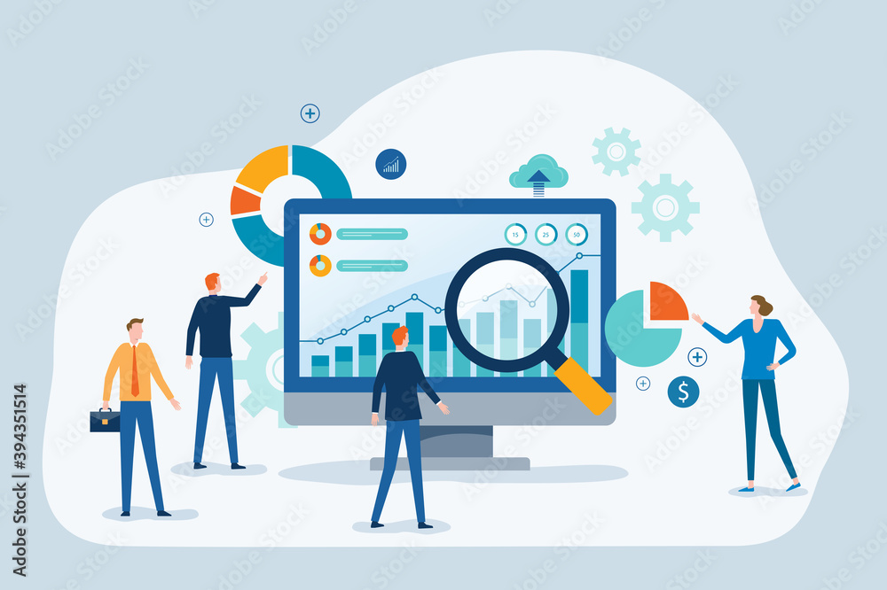 Fototapete business people team analytics Data and research on web monitoring report dashboard monitor concept and finance investment graph report performance results with business meeting working concept