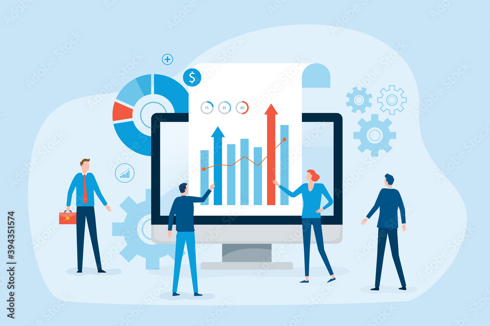 Aufkleber business people team analytics Data and research on web monitoring report dashboard monitor concept and finance investment graph report performance results with business meeting working concept