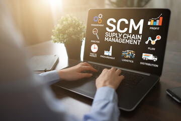 SCM - Supply Chain Management and business strategy concept on the screen.