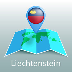 Liechtenstein flag world map in pin with name of country