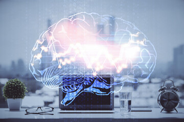 Double exposure of desktop with computer and brain drawing hologram. Artificial intelligence...
