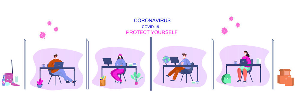 Office Workers Wearing Medical Masks During Coronavirus.Unemployment In Covid 19.
Job Search During A Pandemic.Flat Vector Illustration