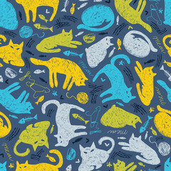 Fototapeta na wymiar Vector blue colourful mystery cat pen sketch seamless pattern. Perfect for fabric, scrapbooking and wallpaper projects.