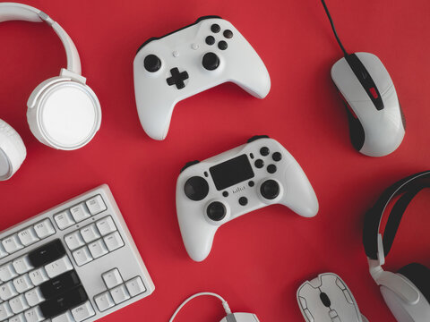 gamer work space concept, top view a gaming gear.