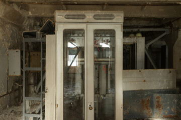 Old electronics in abandoned building of Duga antenna complex