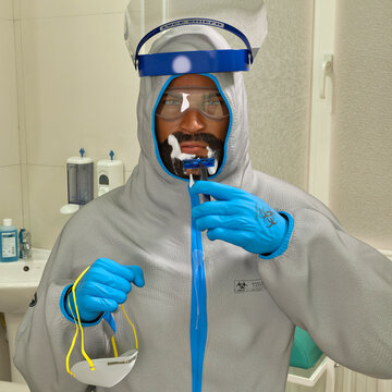 3D Photo of a Male Healthcare Worker Shaving his Beard to Put on His PPE Gear