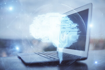 Double exposure of desktop computer and human brain drawing hologram. Ai concept.