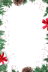 Fir branch and gift on white background with copy space for text. Christmas. Holiday concept.