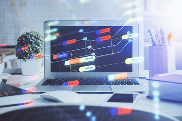 Multi exposure of desktop with personal computer and tech theme drawing. Concept of Bigdata.