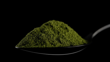 superfoods moringa or spirulina powder in black spoon isolated. green powder