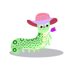 Happy meadow caterpillar in a fashionable hat and with a flower, children's illustration for a postcard or any design