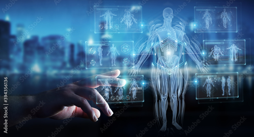 Poster Man hand using digital x-ray human body holographic scan projection 3D rendering