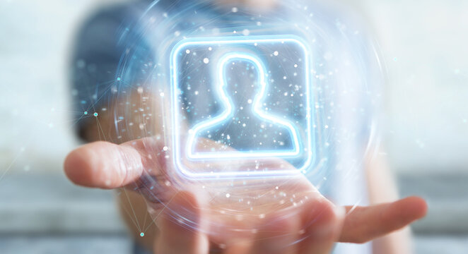 Man using digital blue holographic user interface 3D rendering