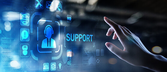 Support button on virtual screen. Customer service and communication concept. - obrazy, fototapety, plakaty