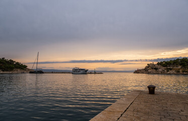 Fototapeta na wymiar Makarska bay and marina at sunset. August 2020